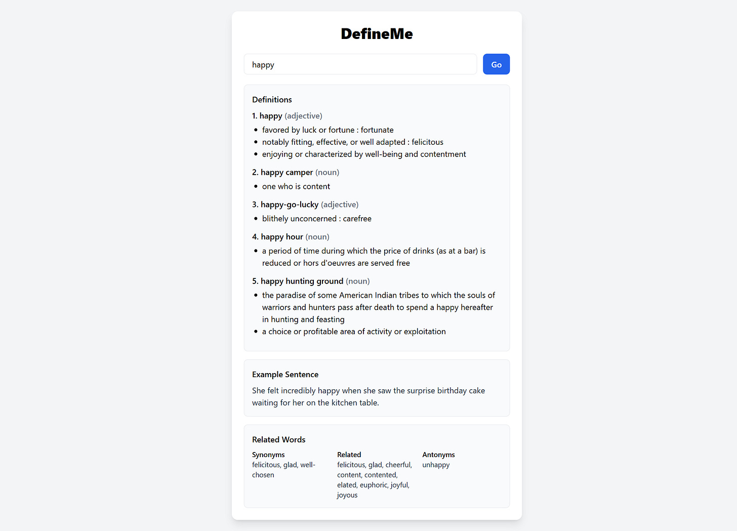 DefineMe dictionary UI with definitions, an example sentence, and related words for a query.