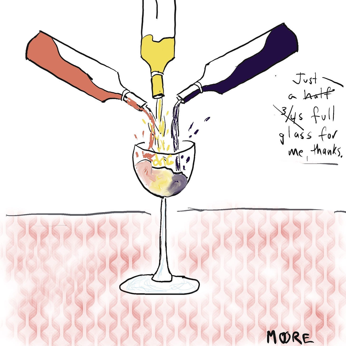 wine bottles pouring into a single glass