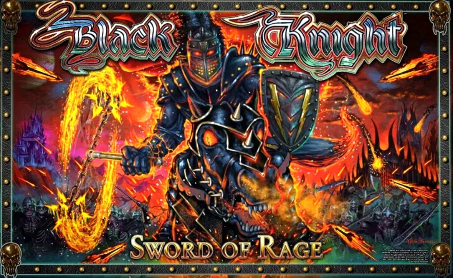 Black Knight: Sword of Rage (2019) backglass art by Stern Pinball featuring the armored Black Knight wielding a flaming sword amid battle chaos Black Knight: Sword of Rage (2019) backglass art by Stern Pinball featuring the armored Black Knight wielding a flaming sword amid battle chaos