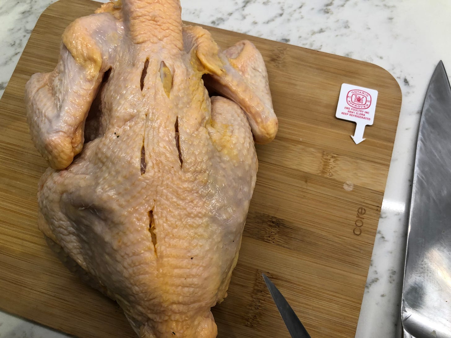 A series of 1" channels cut on either side of the chicken's backbone
