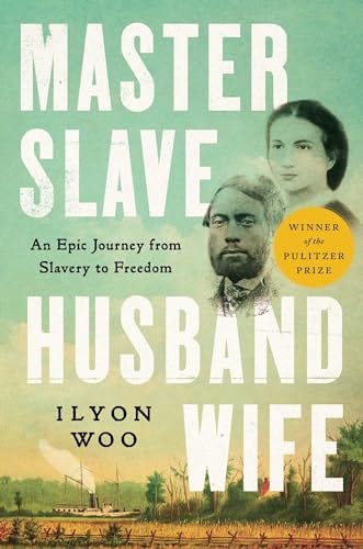 Cover of Master Slave Husband Wife by Ilyon Woo. Image of southern plantation landscape with fields at the bottom, silhouettes of William and Ellen Craft in the turquoise sky above. Book title and author name are in the foreground in bold white letters.