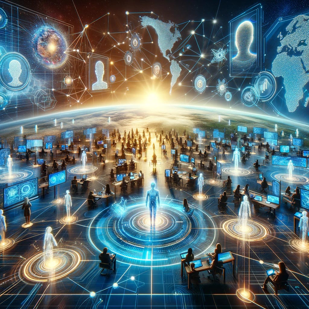 Visualize a dynamic and futuristic image that captures the essence of "The Multiplier Effect: AI, Effective Communication, & Remote Work". Imagine a scene where diverse remote teams are collaborating across digital landscapes, transcending time and space boundaries. In the foreground, a group of virtual avatars represents a global team, casting 3-D projections of themselves into shared virtual spaces. These spaces are equipped with advanced AI technologies, such as real-time language translation and cultural sensitivity alerts, facilitating seamless and effective communication. The background showcases a network of interconnected digital nodes, symbolizing the global reach and connectivity enabled by AI. This image should convey the power of AI to enhance remote work and communication, illustrating a world where technology bridges distances and differences, creating a cohesive and efficient work environment.