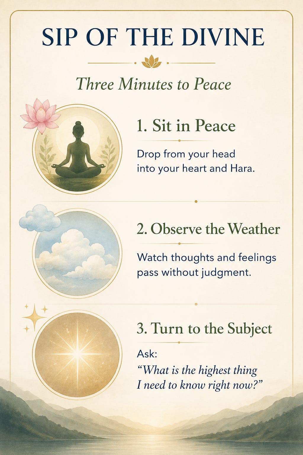 The design presents three steps for cultivating inner awareness: a meditating figure for “Sit in Peace,” encouraging movement from the head into the heart and Hara; soft clouds for “Observe the Weather,” symbolizing thoughts and emotions passing without judgment; and a radiant star for “Turn to the Subject,” inviting the question, “What is the highest thing I need to know right now?” The illustration features warm cream, gold, and green tones with a tranquil mountain landscape in the background.