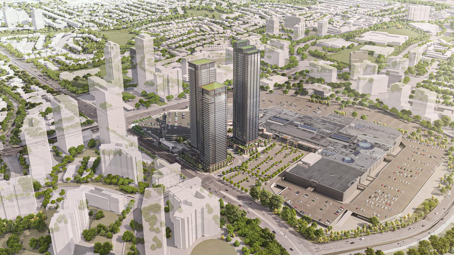 A development rendering showing three large condo towers in the parking lot of a mall