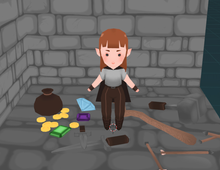 A cute, low-poly player model standing in a stone structure surrounded by a variety of game objects like coins, gems, pouches, and weapons.