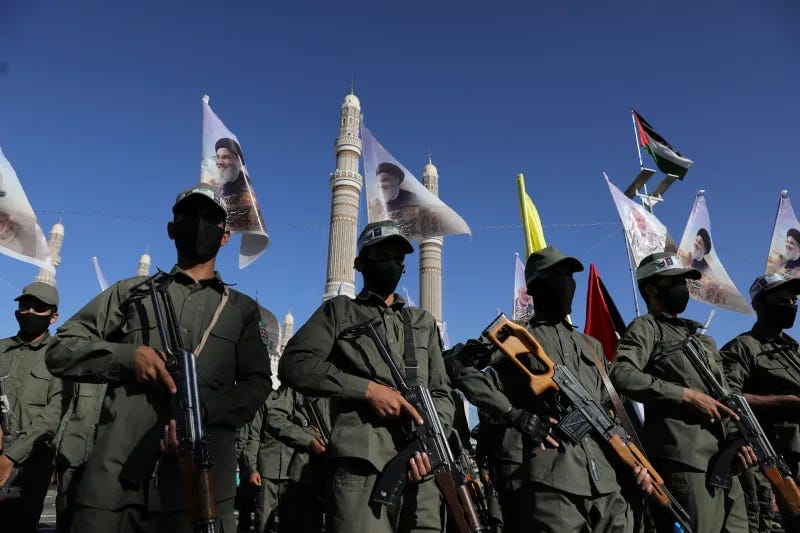 Houthi fighters commemorating the late Hezbollah leader Hassan Nasrallah, Sanaa, Yemen, October 2024 Houthi fighters commemorating the late Hezbollah leader Hassan Nasrallah, Sanaa, Yemen, October 2024