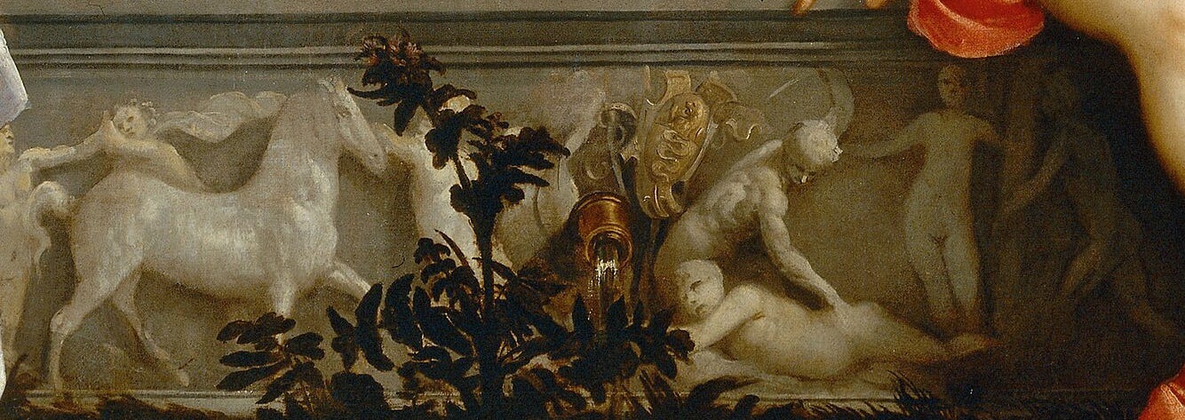 Close view of the carved relief on the sarcophagus, an unbridled horse led away and figures striking and dragging.