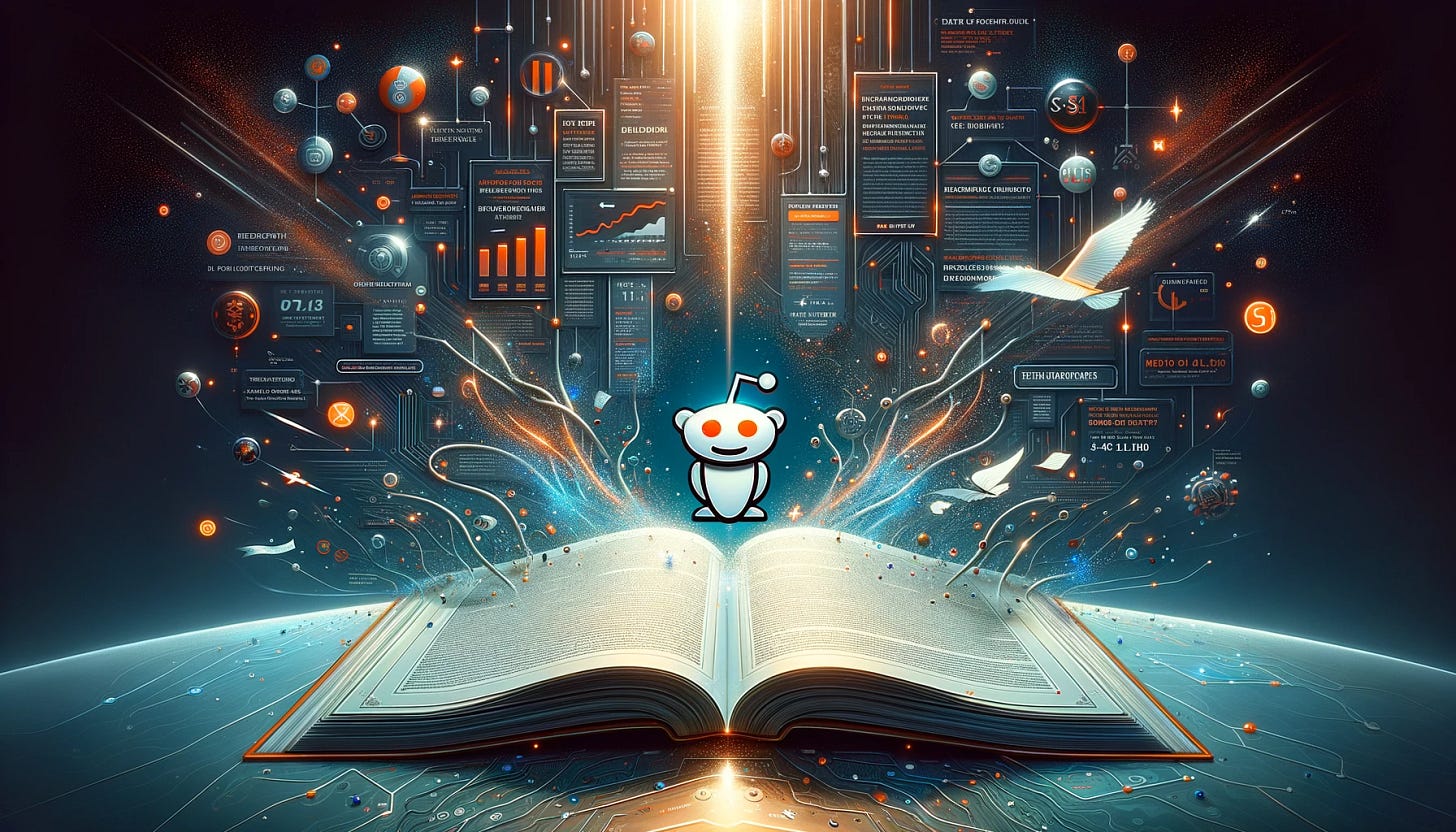 Design a captivating landscape poster for an article breaking down Reddit's S-1 filing. The poster features a dynamic and detailed illustration that visually interprets the essence of Reddit's journey to going public. Central to the design is an open book or document symbolizing the S-1 filing, with key facts and figures floating up from the pages like glowing particles, suggesting the revealing of Reddit's financial health and business insights. The Reddit logo is prominently displayed at the top, with digital networks and connections branching out, representing the platform's vast community and its impact on the digital world. The background is a sophisticated blend of technology and finance themes, with subtle nods to user communities and discussions that define Reddit. This image encapsulates the excitement and significance of Reddit's step towards becoming a publicly traded company, aimed at attracting readers interested in finance, technology, and social media.