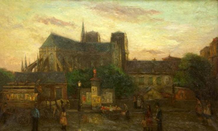 'Stadsgezicht Parijs met kathedraal Notre Dame' - olieverf op doek: Etienne Bosch (herkomst: coll. Kunsthandel Pygmalion, Maarssen) 'Stadsgezicht Parijs met kathedraal Notre Dame' - olieverf op doek: Etienne Bosch (herkomst: coll. Kunsthandel Pygmalion, Maarssen)