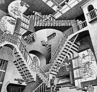Three staircases crossing in a building with its own gravity each Three staircases crossing in a building with its own gravity each