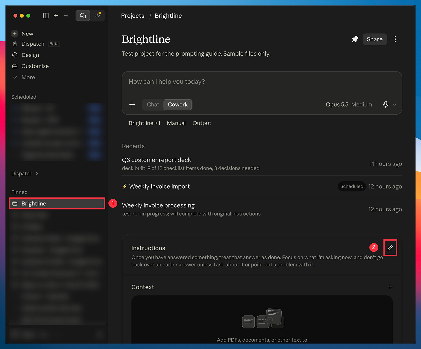 Open the project, then click the pencil next to Instructions