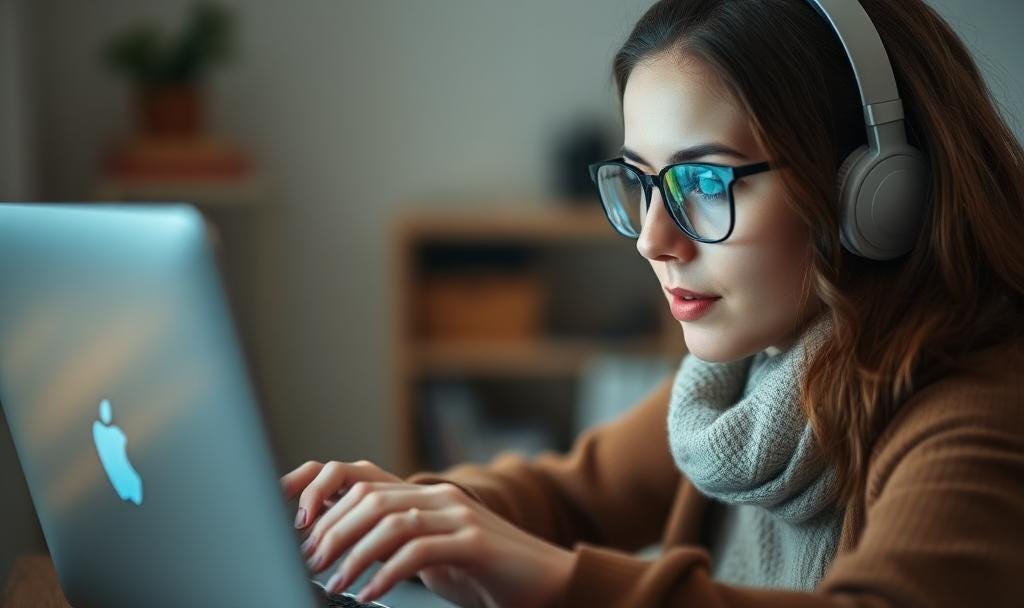 Young woman with low vision and wearing glasses navigates the internet. 