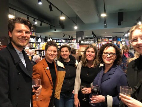 A grid of nine photographs of various groups of people at the book launch