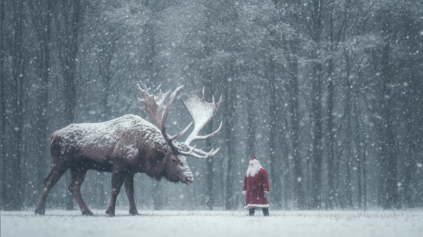 Santa and a massive reindeer standing out in a snowy wood. Santa and a massive reindeer standing out in a snowy wood.