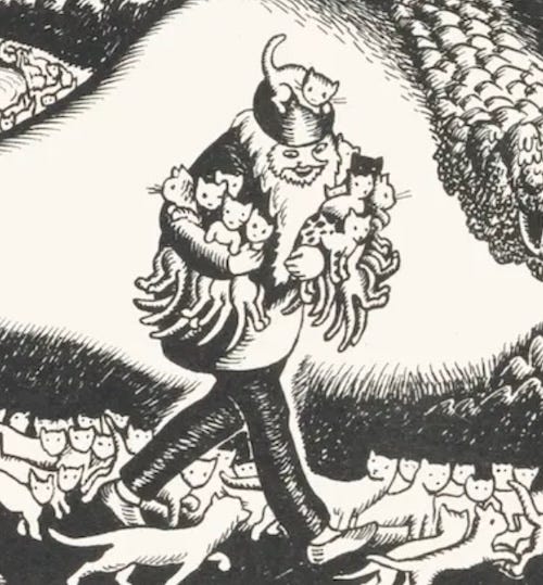 drawing of man holding many cats