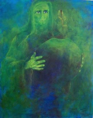 A painting of a green person holding a large green object

Description automatically generated