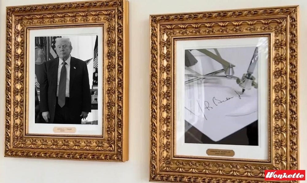 The infamous white house "portrait" of Joe Biden, featuring a photo of an autopen (haw haw haw), but Donald Trump's portrait next to it is replaced with the photo of Trump standing like a lump while others helped a visitor to the oval office who fainted The infamous white house "portrait" of Joe Biden, featuring a photo of an autopen (haw haw haw), but Donald Trump's portrait next to it is replaced with the photo of Trump standing like a lump while others helped a visitor to the oval office who fainted