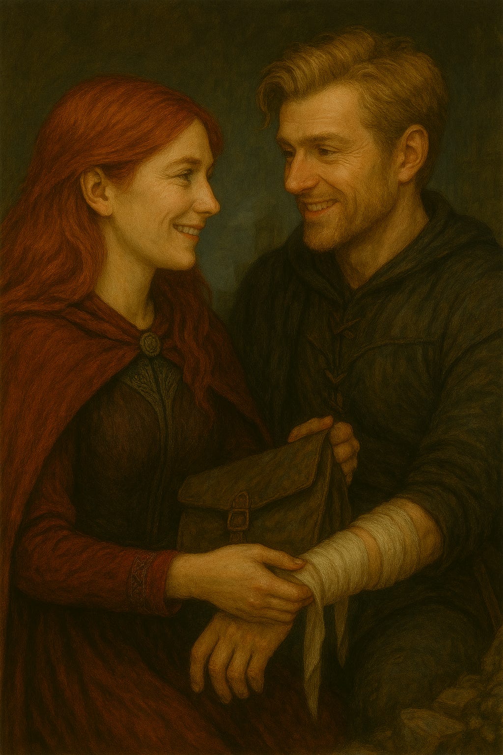Greegan, a wiry rogue with tousled blond hair and sharp eyes, sits on a broken stone ledge in a ruined bedroom. His dark leathers are scuffed, and his left arm is injured. Ireena Kolyana, with her trademark red hair and a deep burgundy cloak, kneels beside him, gently wrapping a bandage around his arm. They smile at one another — Greegan with a wry, grateful grin, and Ireena with warm, quiet affection. Moonlight filters through the shattered beams above, casting soft light across their faces. The atmosphere is tender, intimate, and full of quiet resilience. Greegan, a wiry rogue with tousled blond hair and sharp eyes, sits on a broken stone ledge in a ruined bedroom. His dark leathers are scuffed, and his left arm is injured. Ireena Kolyana, with her trademark red hair and a deep burgundy cloak, kneels beside him, gently wrapping a bandage around his arm. They smile at one another — Greegan with a wry, grateful grin, and Ireena with warm, quiet affection. Moonlight filters through the shattered beams above, casting soft light across their faces. The atmosphere is tender, intimate, and full of quiet resilience.