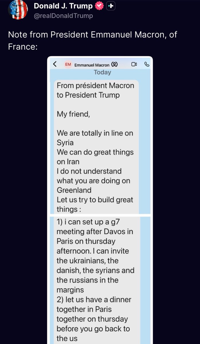 BREAKING: President Trump posts a text message he received from France's  President Macron: "I do not understand what you are doing on Greenland, let  us try to build great things," Macron says.