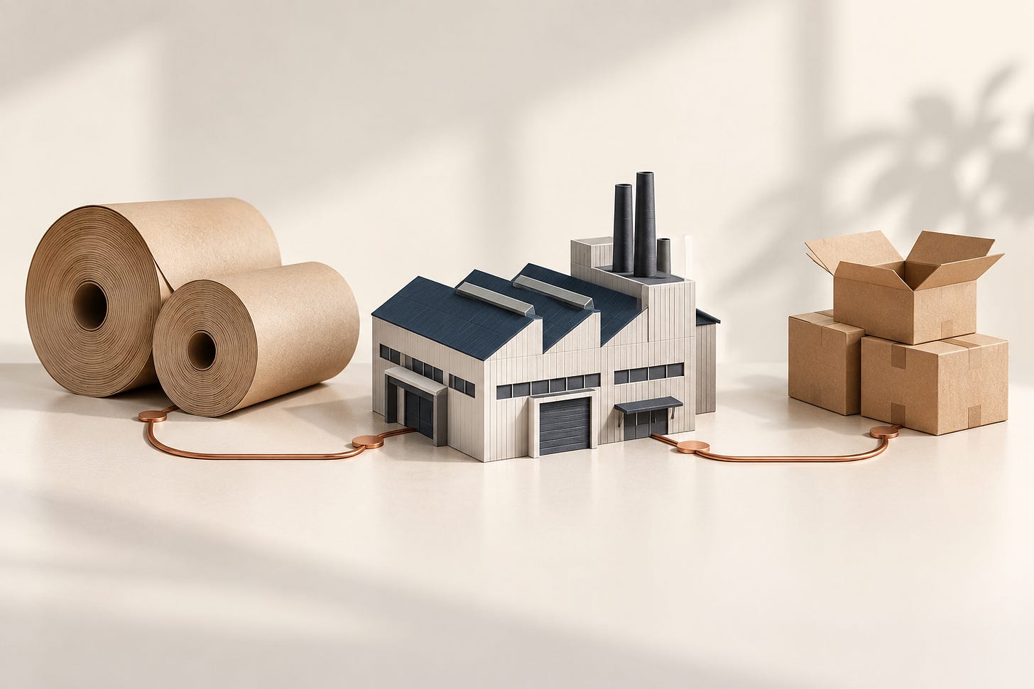 Paper-sculpture illustration of a navy-roofed factory linked by copper lines to kraft-paper rolls and cardboard boxes.