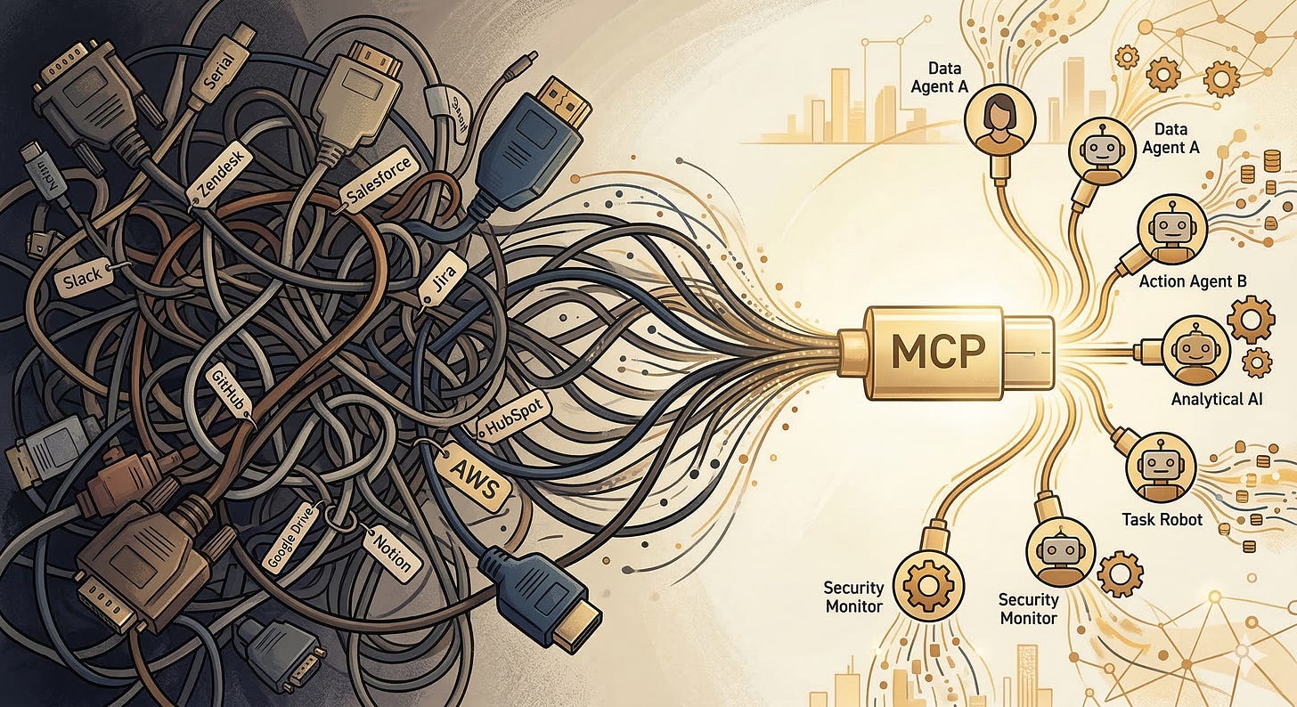 A split illustration showing a tangled mess of proprietary cables and adapters labeled with tool names like Zendesk, Salesforce, Jira, and Slack on the left, transforming into a single clean universal connector labeled MCP on the right. Multiple AI agent icons plug into the universal connector simultaneously, showing the shift from bespoke integrations to a standardized protocol.