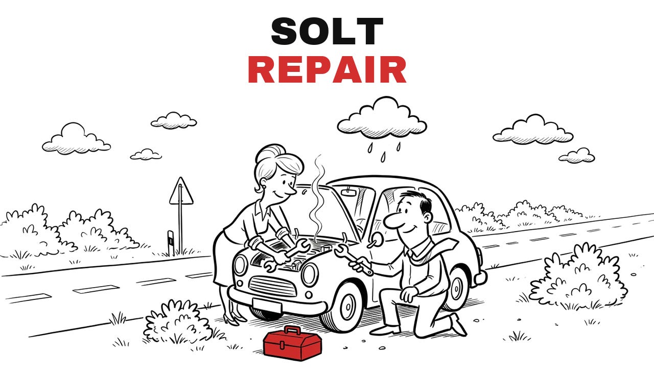 Trade Repair SOLT, Repair. Hand-drawn cartoon: the two of them repair a small car at the roadside under a rain cloud, a toolbox beside it. Trade Repair SOLT, Repair. Hand-drawn cartoon: the two of them repair a small car at the roadside under a rain cloud, a toolbox beside it.