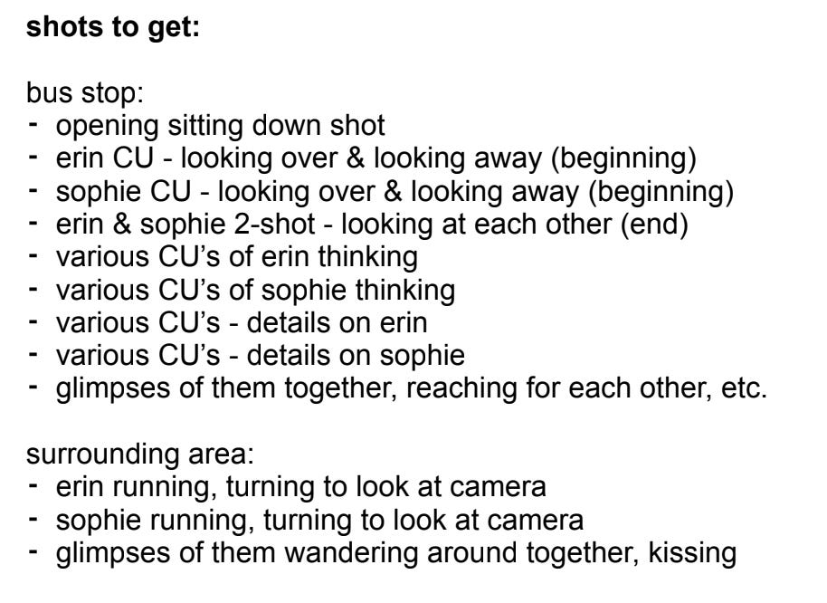 A sample shot list for low-budget solo filmmakers, with a bullet-pointed list of different types of shots, i.e. close-up, 2-shot, etc. A sample shot list for low-budget solo filmmakers, with a bullet-pointed list of different types of shots, i.e. close-up, 2-shot, etc.