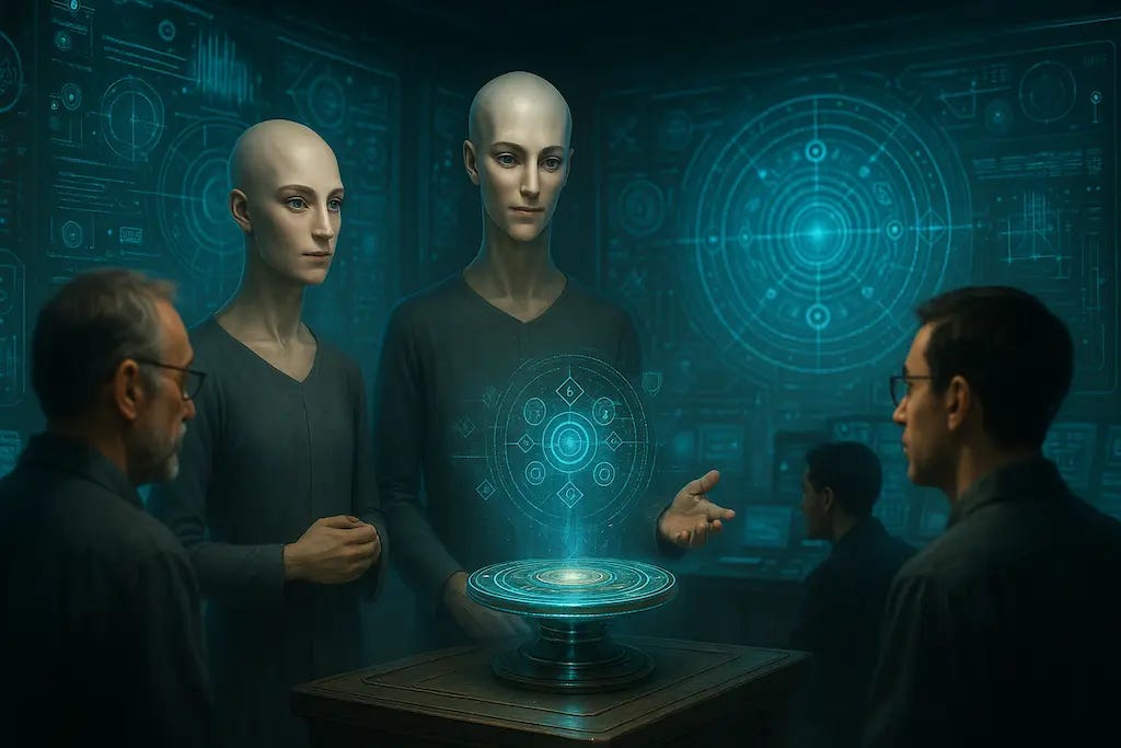 Dois Coteum, extraterrestres humanoides de aparência quase humana, serena e olhos expressivos interagem com cientistas humanos em uma sala de controle futurista, cercados por hologramas e painéis digitais azuis.