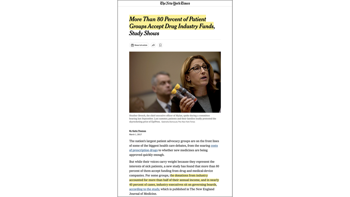 The New York Times, “More Than 80 Percent of Patient Groups Accept Drug Industry Funds, Study Shows” (1 March 2017)