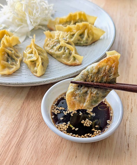 Gallery of three images showing the process of making collard greens gyoza: ingredients laid out on a board, dumplings being assembled, and the final cooked gyoza ready to serve.