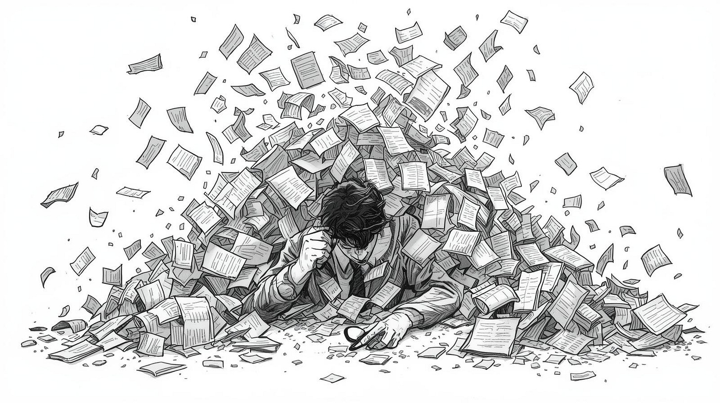 Recruiter with magnifying glass buried under avalanche of falling resume papers Recruiter with magnifying glass buried under avalanche of falling resume papers