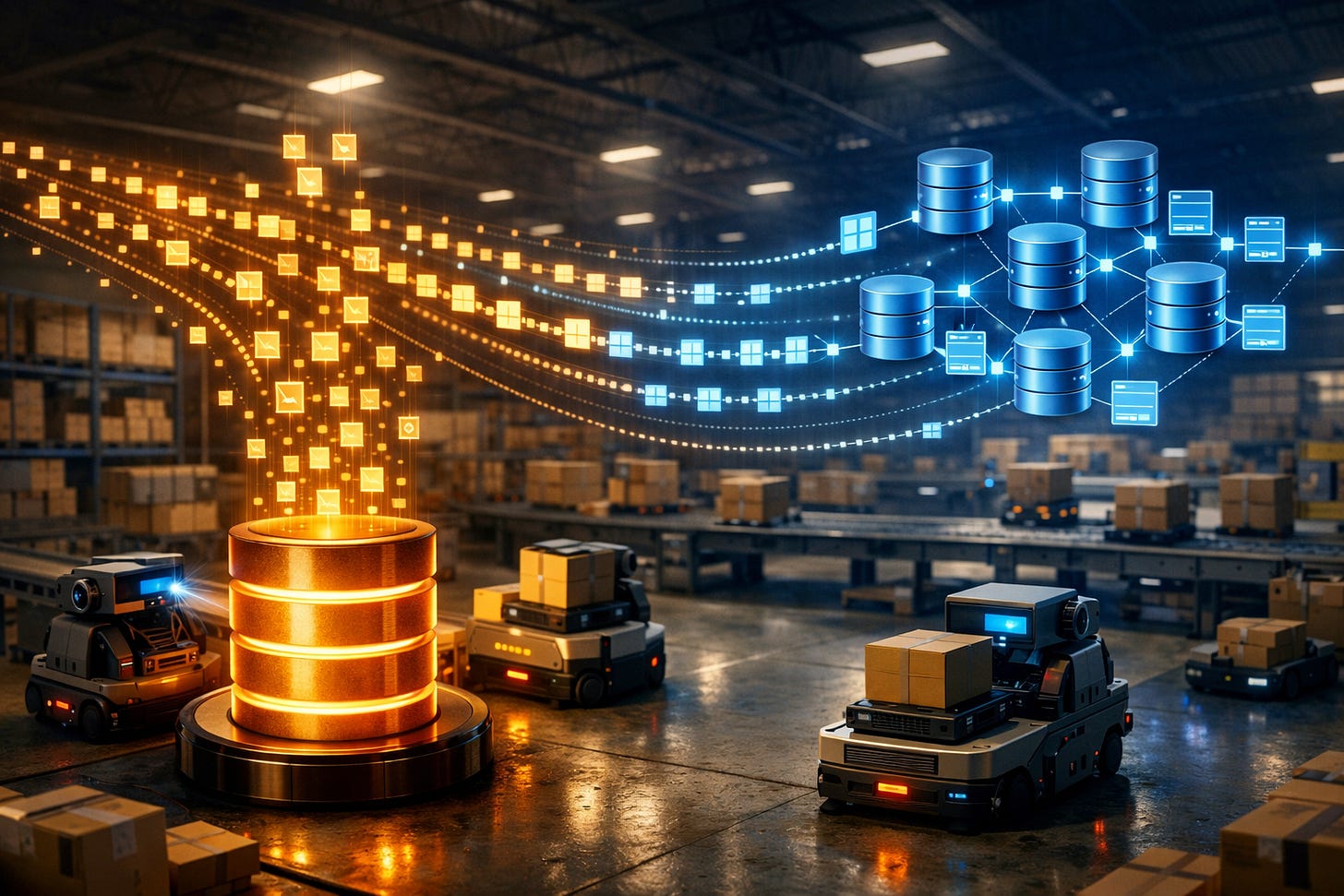 Warehouse robots streaming change events from SQLite to a distributed database cluster. Warehouse robots streaming change events from SQLite to a distributed database cluster.