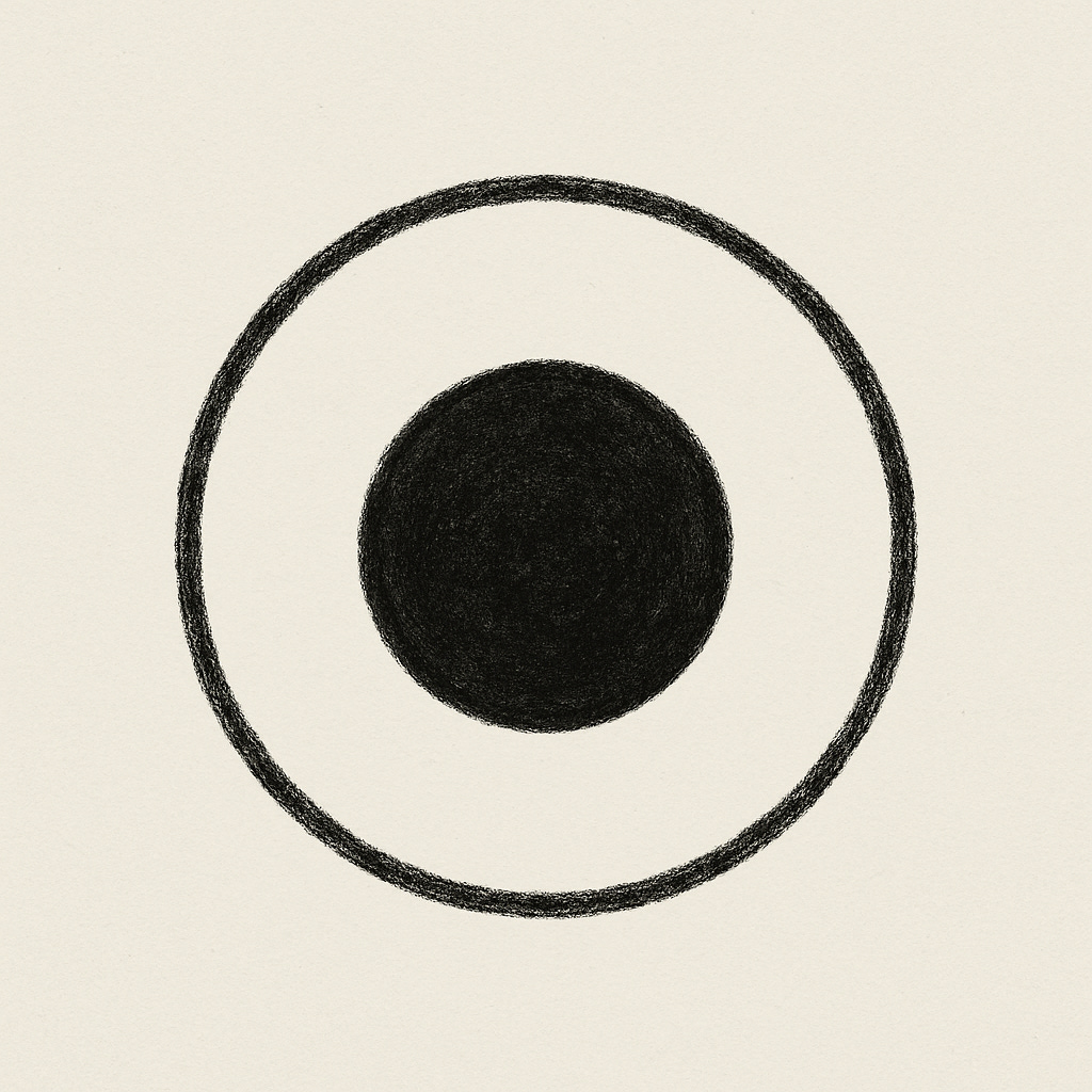 Minimalist black circle within a larger outlined circle, symbolizing a seed or core within a protective shell. The simple design conveys the concept of “Origin” or concentric balance.