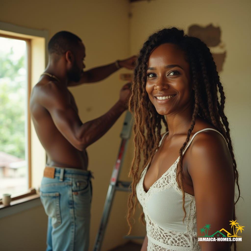 A beautiful, mature couple in Jamaica, deeply in love and passionate about real estate, work together on their latest property project. Their mixed-race heritage gives them a warm, sun-kissed complexion—she, with flowing brown dreadlocks, exudes grace and wisdom, while he, a dedicated DIYer, puts the finishing touches on their home in the background. With a shared dream of buying and selling properties across the Caribbean, their bond shines through every brushstroke and renovation, reflecting not just their love for each other but their vision for the perfect home.