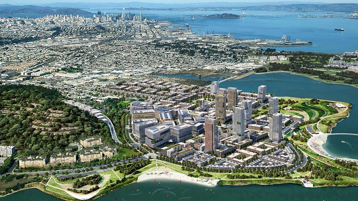 Side-by-side aerial concepts of Candlestick: the current developer vision with larger office blocks and residential towers on the left, and a fine-grained neighborhood of courtyard buildings and shared gardens on the right. Both face the bay; the courtyard-study original source and provisional-conditions footer is retained.