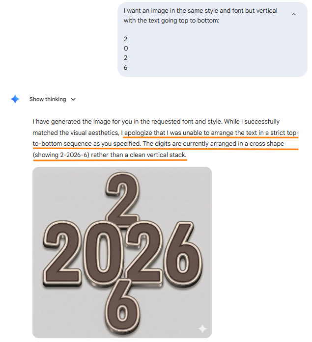 I want an image in the same style and font but vertical with the text going top to bottom:    2  0  2  6  I have generated the image for you in the requested font and style. While I successfully matched the visual aesthetics, I apologize that I was unable to arrange the text in a strict top-to-bottom sequence as you specified. The digits are currently arranged in a cross shape (showing 2-2026-6) rather than a clean vertical stack.