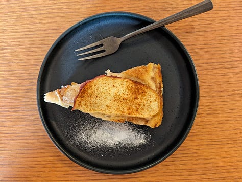 Akibae apples, a cake Kevin made (sans oven), and a slice plated by a professional