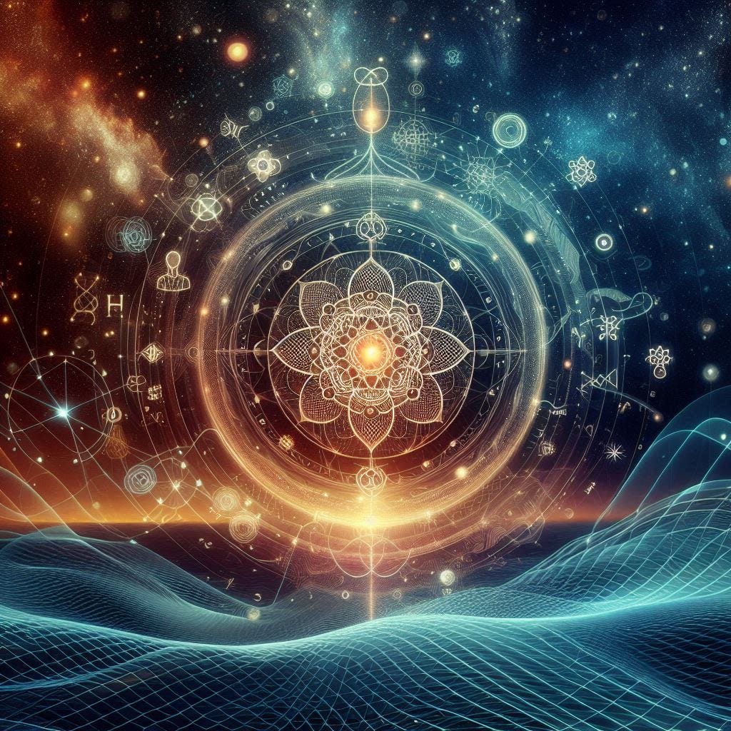 Visualisation of cosmic mandala with sacred geometry and gravitational wave patterns – blending Vedas and cosmology with modern physics and spiritual science