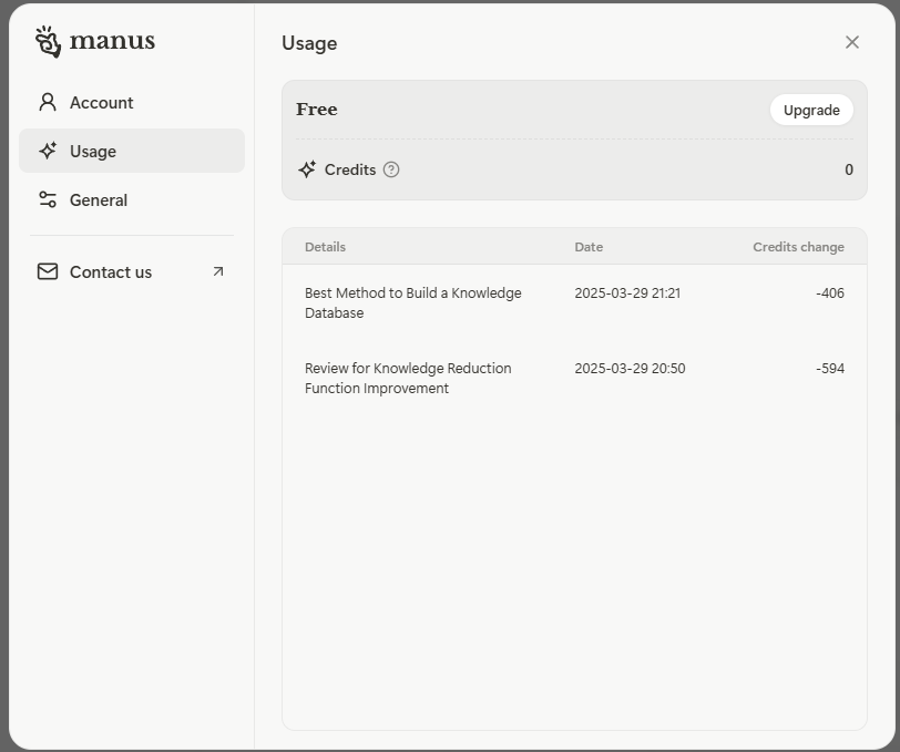 Sceenshot of Manus usage page Sceenshot of Manus usage page