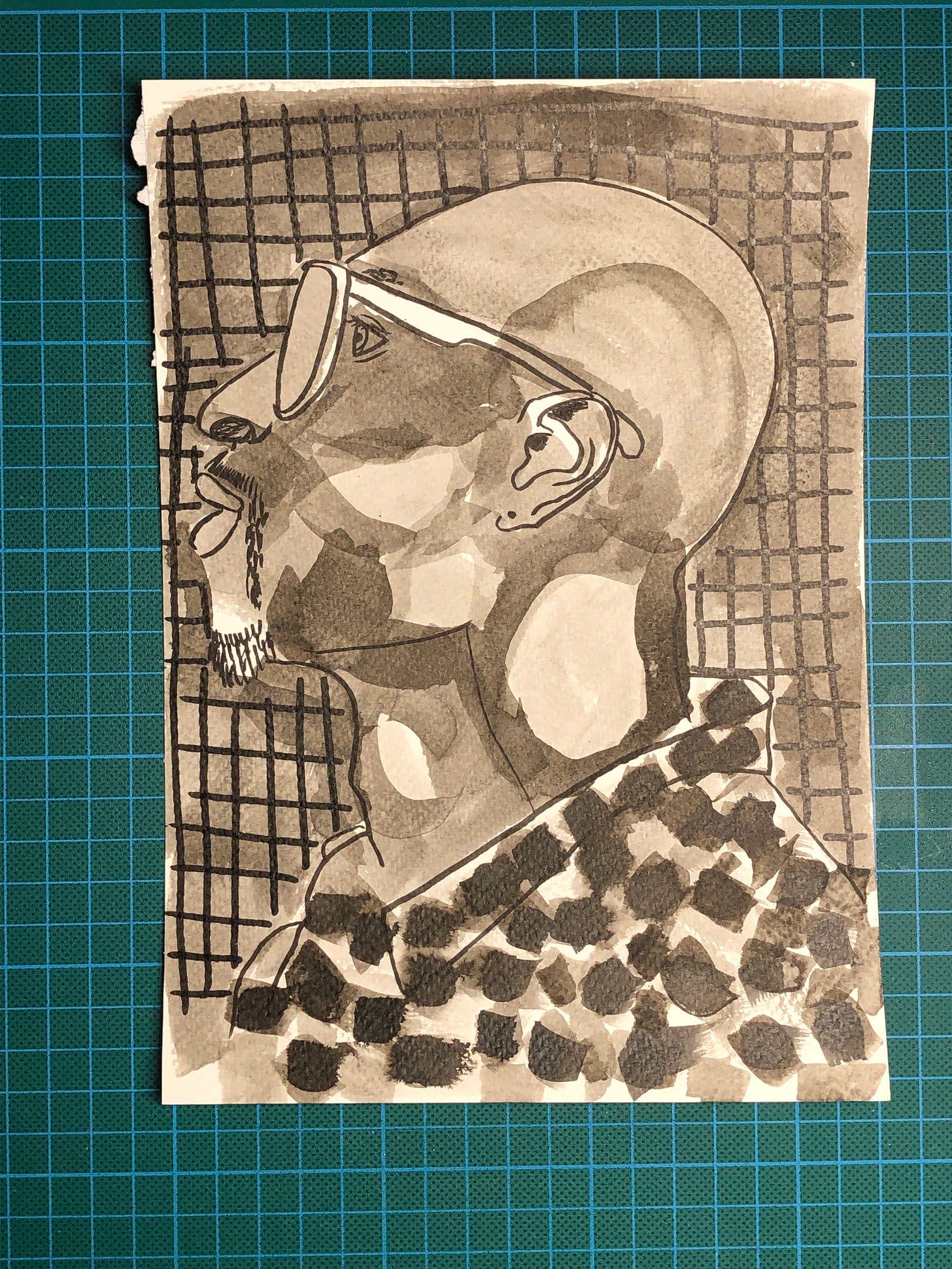 Portrait final de l'homme de profil sur papier aquarelle 300 gr/m² : traits au brush pen puis ajout de 5 valeurs d’encre de Chine.