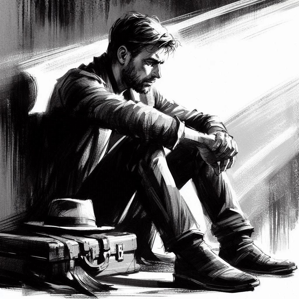 Man experiencing hiraeth in black and white ink and gouache style