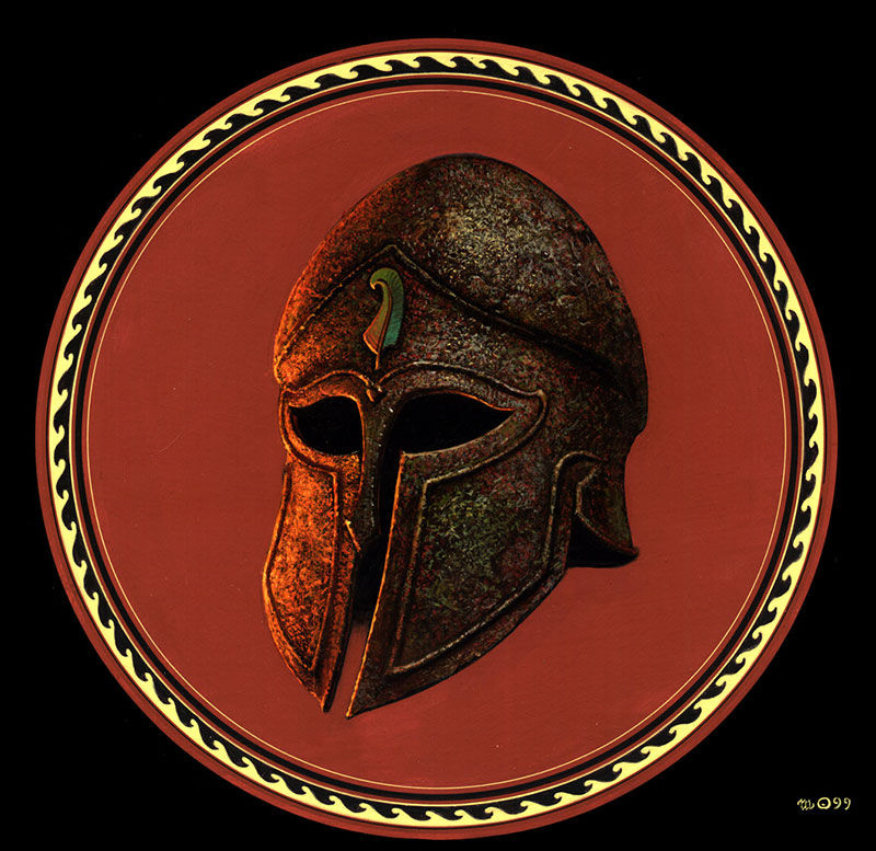 Spot illustration featuring a rough bronze helm in ancient Greek style with a feather set on the forehead.