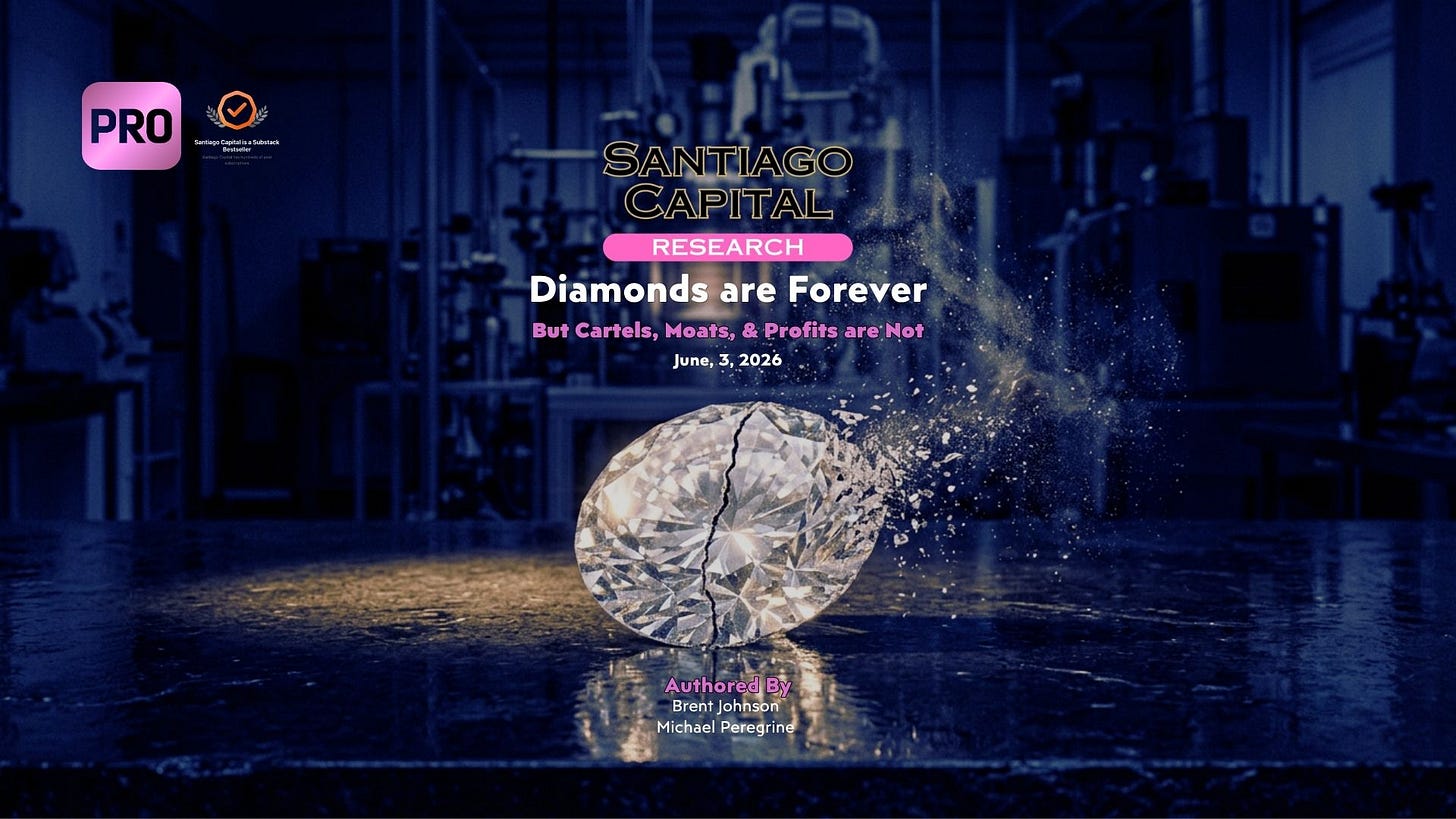 Santiago Capital research report cover featuring cracked diamond with industrial mining background