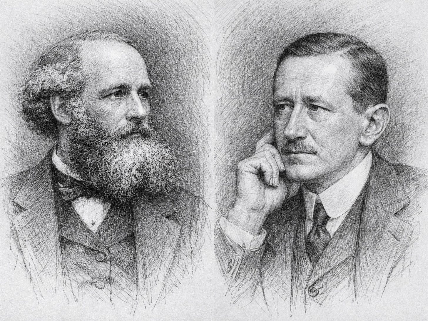 Pencil portraits of Maxwell and Marconi facing each other, drawn by Microsoft Copilot