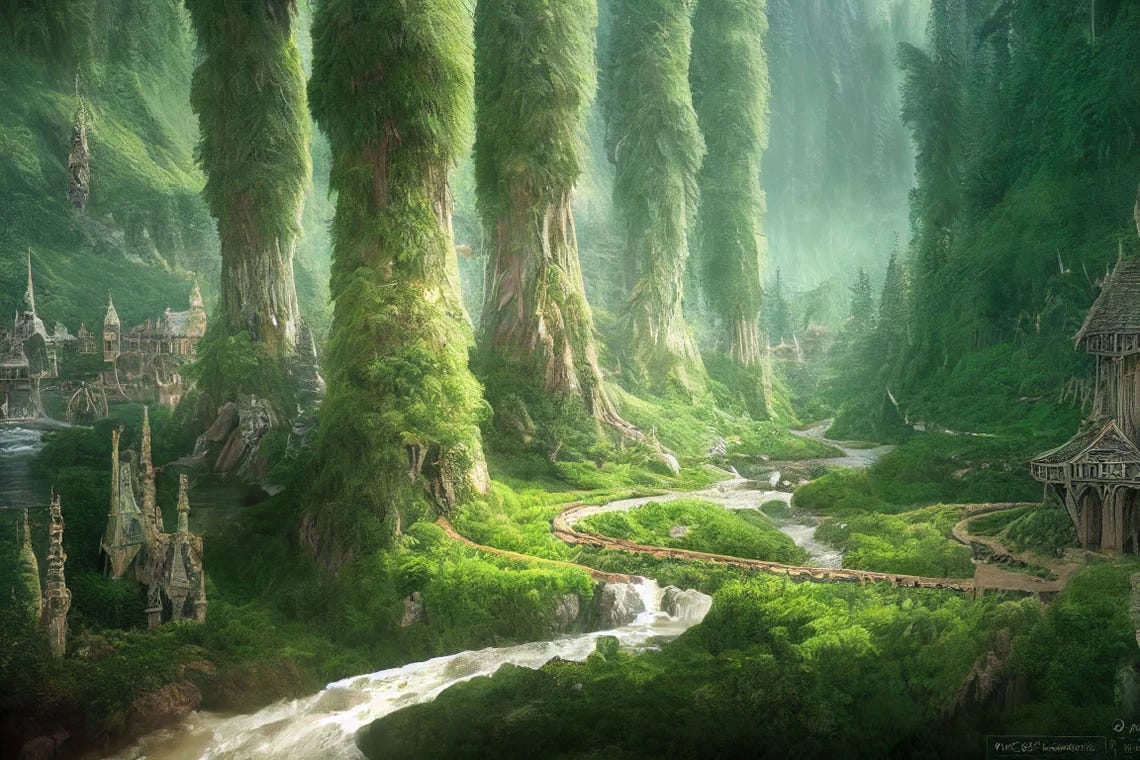 Elven city with buildings inside giant trees in a valley with a river running through the middle