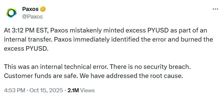 Official tweet published by Paxos with the notification of the accidental mint of $300T PYUSD on October 15, 2025