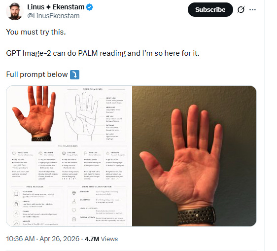 Screenshot of a viral X post asking users to upload their palms to ChatGPT for a free reading