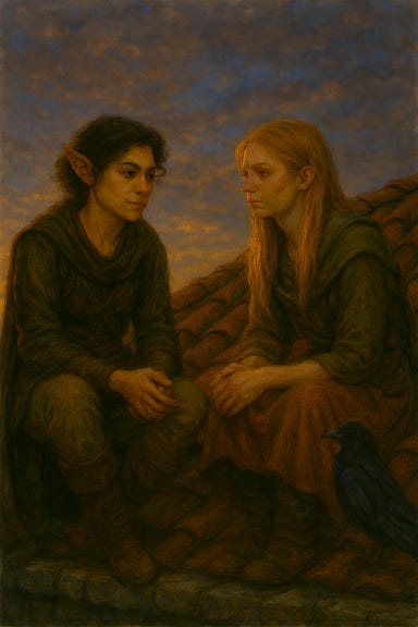 A dark fantasy scene showing Silverleaf and Muriel Vinshaw sitting on the roof of the Wizard of Wines Winery under a pale morning sky. Silverleaf is visually inspired by Tatiana Maslany, portrayed as an elf with pointed ears, dark curly hair, and leather armor. She sits cross-legged, sharpening her blade, her eyes scanning the horizon. Beside her is Muriel Vinshaw, visually inspired by Freya Allan, with long blonde hair, a soot-streaked cloak, and a quiet, watchful expression. She holds a raven feather in one hand and gazes upward as ravens wheel overhead. The roof is weathered and moss-covered, with broken shingles and wooden beams. Mist curls around the vineyard below, and the rising sun casts a soft glow across their faces.