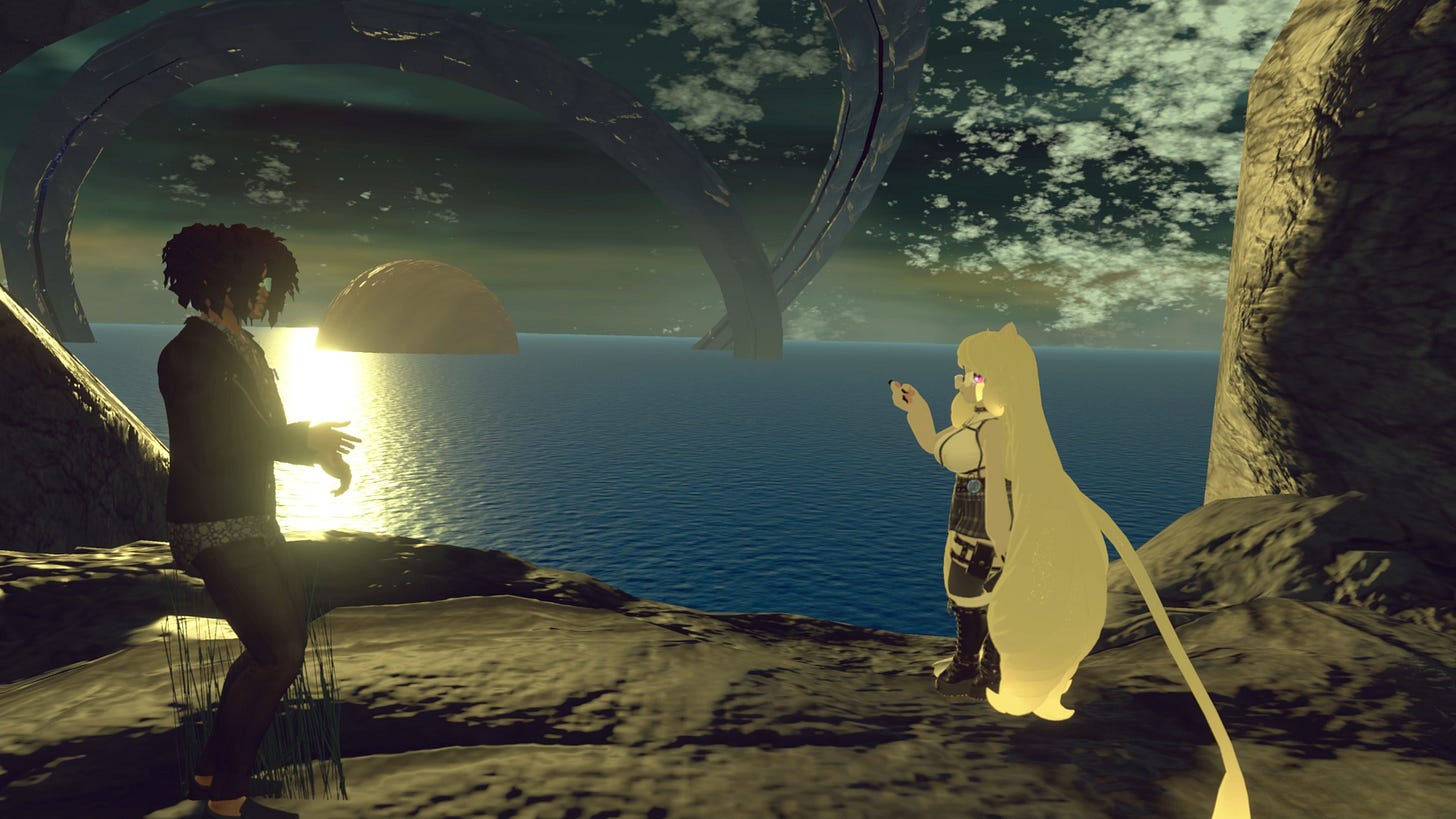 This is an image of Salena pointing to the Artifact as an example in the background as it uses the same rock material she and ArmaniXR are standing on in the foreground. This is an image of Salena pointing to the Artifact as an example in the background as it uses the same rock material she and ArmaniXR are standing on in the foreground.