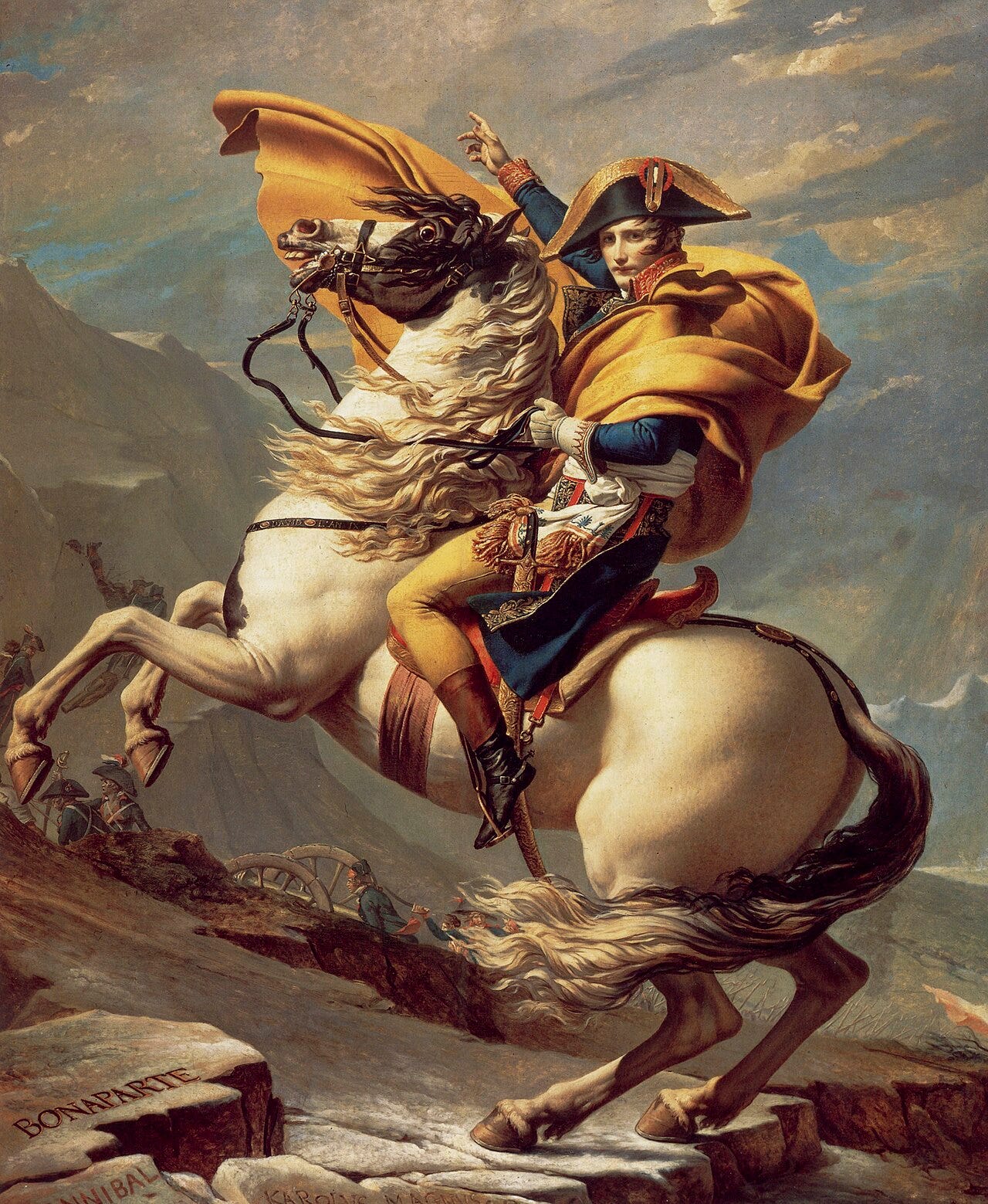 David's Napoleon on a rearing horse crossing the Alps David's Napoleon on a rearing horse crossing the Alps